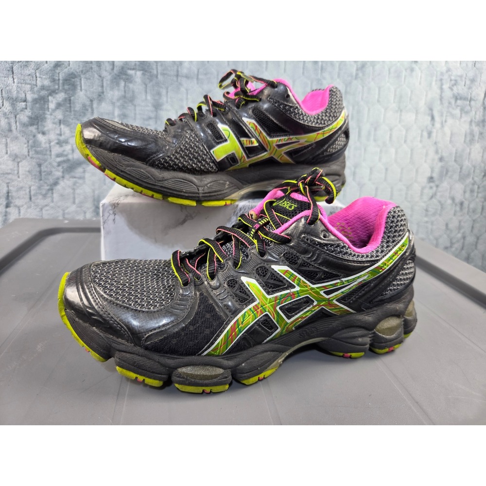 ASICS Gel Nimbus 14 Running Shoes Black Pink Neon Green T291N Womens 7.5